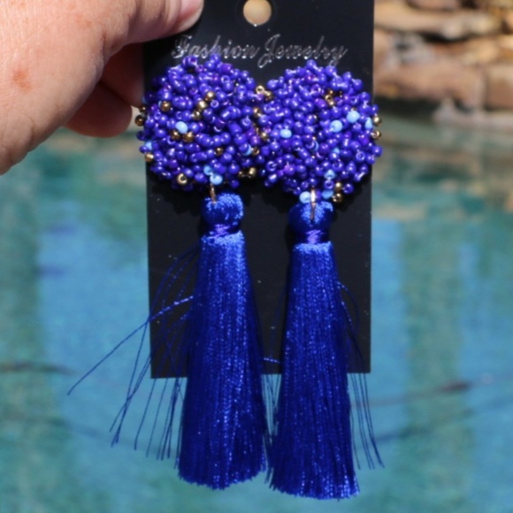 New! Large Blue Boho Earrings Post Drop Tassels - Picture 5 of 5